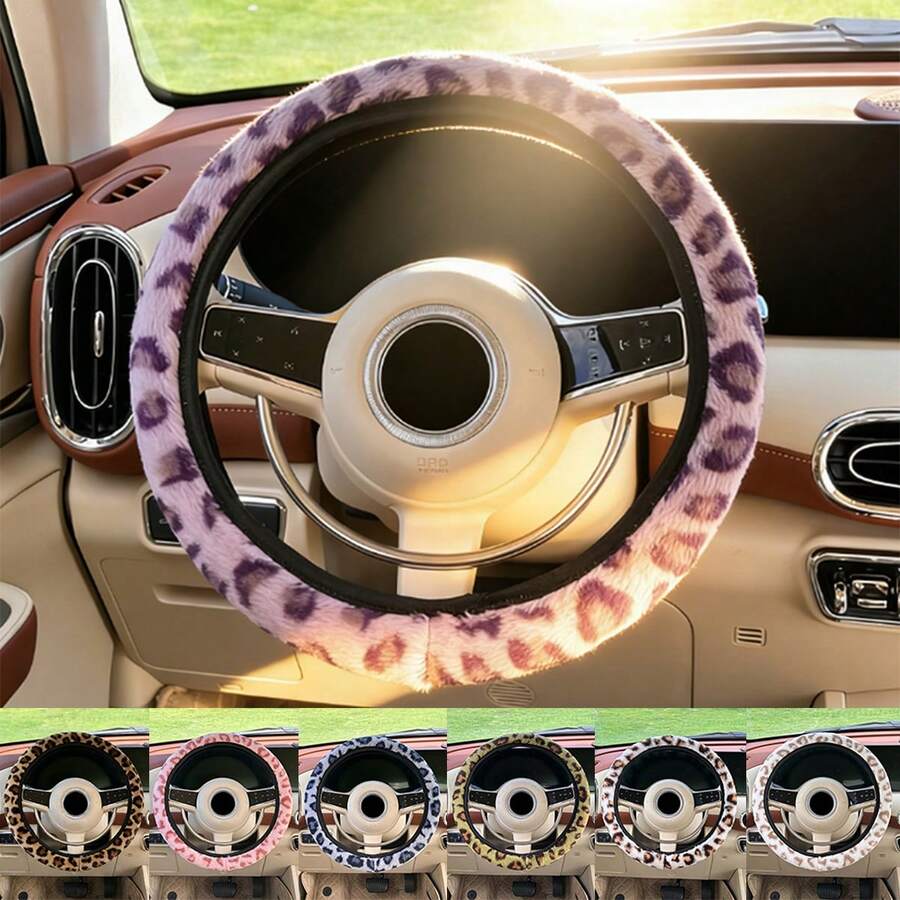 Winter Warm Faux Mink Fur Long Hair Leopard Print Car Steering Wheel Cover, No Inner Ring, Suitable For 14.5-15 Inch Car Interior Accessories
