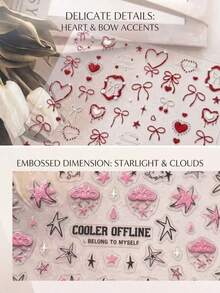 2 Styles Vintage Red Tone Heart, Bow, Star Decorative Stickers, Sweet & Cool Vibe Pattern, Suitable For Phone Case, Earphone, Camera, Nail Art And Other Personalized Creative Multi-Scene Decoration - Decorative Stickers - View 4