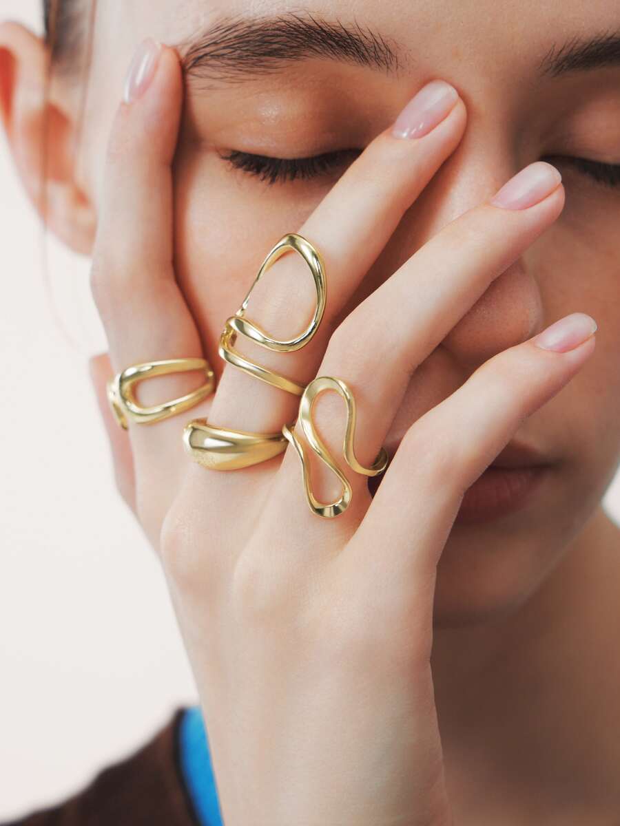 Sorayune 4pcs/Set Fashionable Bohemian Geometric Hollow Asymmetric Abstract Design Adjustable Gold Rings Set, Women Jewelry Accessories - Yellow Gold - View 1