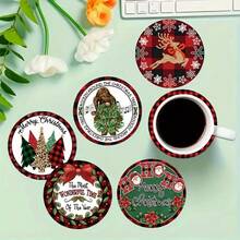 Christmas Best-Seller, Red & Black Plaid Christmas Round Coaster Set, Cartoon Gnome Santa Claus & Reindeer Print Heat-Resistant Mat, Suitable For Home Kitchen Dining Table Party, Creative Christmas Desktop Small Gift - PET Coaster LDX2878 - View 5