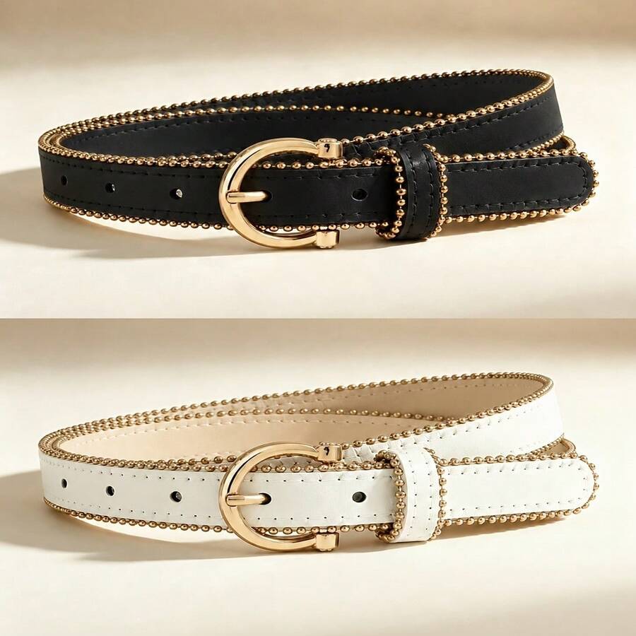 APLCSEY Women's Minimalist Metal Rivet Decor Belt, Versatile Style, Fashionable, Available In Black And White, Exuding High-End Quality - Black - View 1