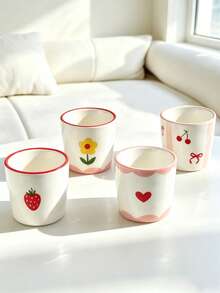 1pc/2pcs/4pcs Korean Ins Style Cute Hand-Painted Mini Ceramic Cups, Fresh Strawberry Cherry Heart Flower Small Coffee Cups, Kawaii Porcelain Tea Cups For Home Kitchen, Girls Gift, Microwave , Espresso Cups - Multicolor - View 10