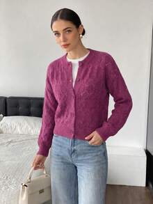 Magenta Diamond Hollow Knit Cardigan, Women Round Neck Long Sleeve Button Front Cropped Sweater - Red Violet - View 3