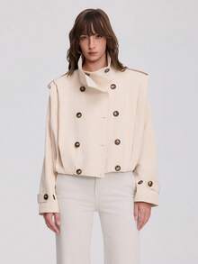 Women's Old Money Style Short Jacket, Long Sleeve Stand Collar Pleated Casual Trench Coat - Light Khaki - View 4