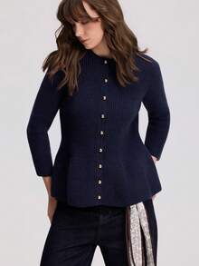 Women's Fashion Vintage Button Ruffle Hem Knit Top - Navy Blue - View 4