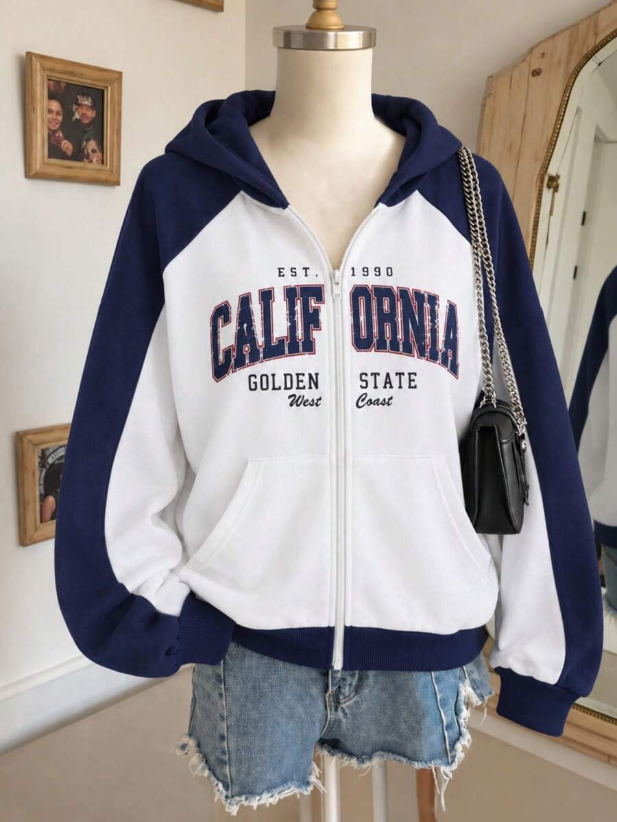 Autumn/Winter Girls' Fashion Casual Colorblock Letter Print Zip-Up Hooded Jacket, Suitable For Daily Casual Wear - Multicolor - View 1