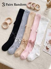 3 Pairs Random Girls 1-16 Years Old 3D Bow Decor High Elasticity Breathable Comfortable Tights Multi-Color Mixed Solid Color Princess Style Ballet Dance Toddler Middle Child Student Autumn Winter Dress Warm Matching Tights Children Tights - Multicolor - View 11