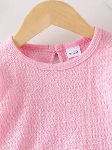 2pcs Baby Girl Casual Solid Color Ruffle Trim Long Sleeve Top And Bow Embroidery Frayed Hem Elastic Waist Denim Pants Set, Spring/Autumn - Pink - View 3