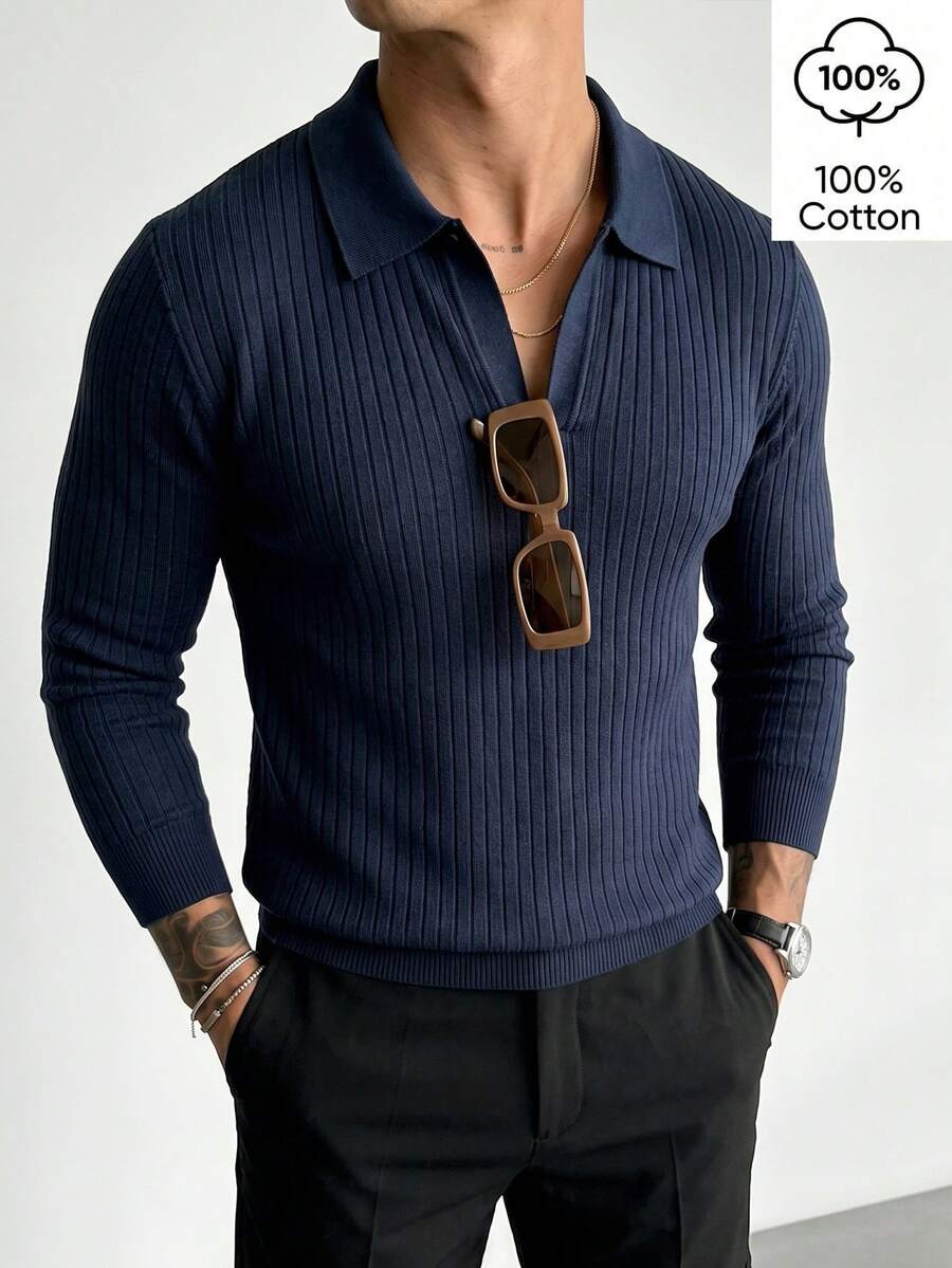 WAIT HIM 100% Cotton Men's Casual Solid Color Long Sleeve Ribbed Undershirt - Navy Blue - View 1
