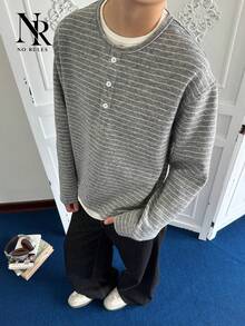 【NO RULES】メンズ ヘンリーネック ニット長袖 T シャツ 二重構造 フェイクレイヤード 柔らかい質感 ルーズシルエット 秋冬トップス ユニセックス ロンt ボーダートップス ボーダー　ロンt ヘンリーネック 秋服メンズ - グレー - チェックする 8