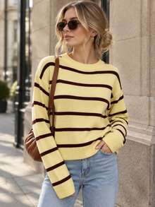 Women's Striped Knit Pullover Sweater Long Sleeve Casual Yellow Top Autumn/Winter - Yellow - View 2
