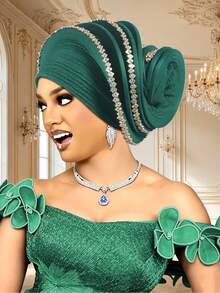 1pc Women Pre-Made Auto Gele Turban Hat, Nigerian Pleated Headtie With Rhinestone Trim, African Flower Bud Head Wrap For Wedding Party Ceremony - A - View 9