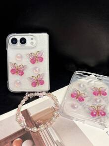3D Drip Glue Silver Foil Rhinestone Pink Butterfly Flip Cover Phone Case Compatible With Apple 18 Duo, Women's New Foldable Shockproof Protective Shell, Niche Transparent 2026 New Model - Pink - View 2