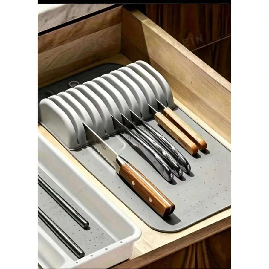 Alas Penyimpanan Pisau Silikon 5 Slot & 11 Slot/11 Slot yang Dapat Dilepas - Rak Penyimpanan Meja Dapur Antibakteri, Pegangan Ergonomis Anti Selip, Untuk Penyimpanan dan Pengeringan Pisau - Warna Solid - View 1