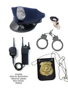 Multi-Piece Cosplay Hat, Cosplay Handcuffs, Cosplay Badge, Cosplay Walkie-Talkie, Whistle, Halloween Gift Hat, Suitable For Theme Parties, Party Costumes, Police Style, Accessory Set, Cosplay Party Supplies, Fun Accessories, Versatile, Role Play - Multicolor - View 12