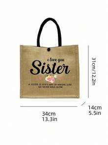 I Love You Sister Linen Tote Bag, Makeup Bag, Minimalist Jesus Letter Print Linen Handbag, Sister Gift, Linen Shopping Bag, Floral Print - Multicolor - View 6