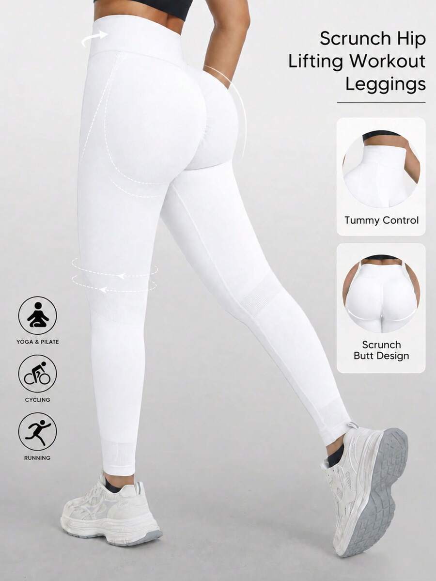 Women's High Waist Tummy Control Butt Lifting Ruched Seamless Fitness Leggings - White - View 1
