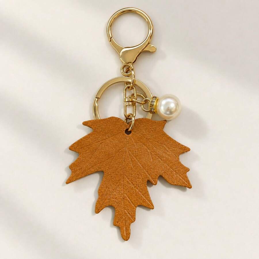 1pc/2pcs Women's Creative Leaf Shaped Pendant With Faux Pearl Inlay, Pearl Charm Keychain, Autumn/Winter Bag Charm, Luggage Accessory - Multicolor - View 1