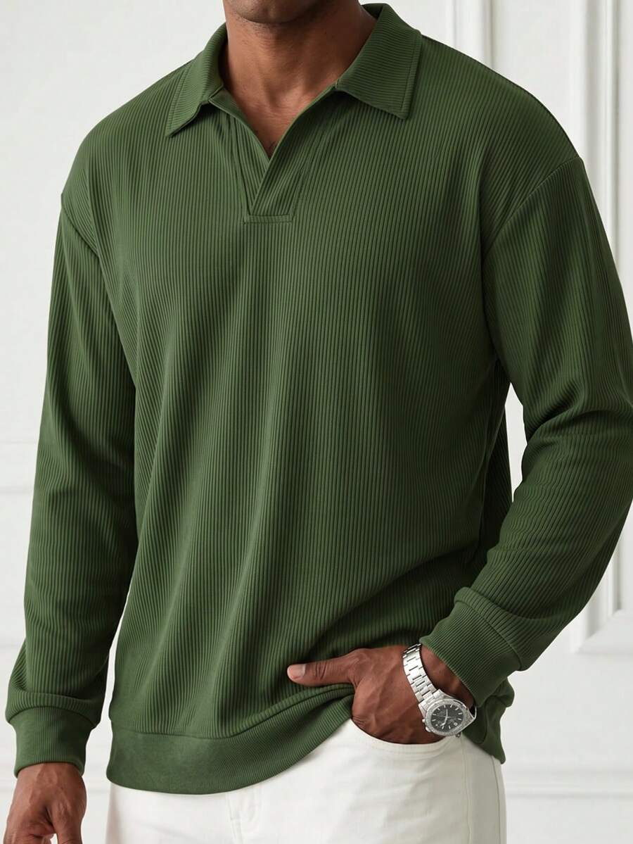 Men's Olive Green Ribbed Knit Polo Shirt V-Neck Long Sleeve Textured Fabric Casual Minimalist Autumn Top - Army Green - View 1