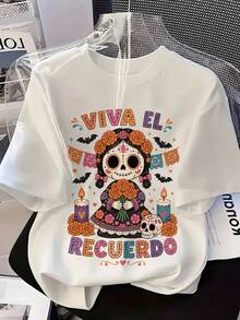 Playera Mujer Día de Muertos, Manga Corta Cuello Redondo, Muñeca Catrina con Texto Viva el Recuerdo, Diseño Folclórico Mexicano - Blanco - Ver 5