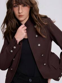 Women's Double-Breasted Napoleon Style Jacket Coat Suitable For Autumn - Brown - View 5