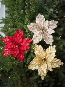 2pcs/Set Artificial Shiny Christmas Flowers Decor,Shiny Anti Fading DIY Fake Flower Ornament,Suitable For Christmas Tree/Wreath Decor,For Xmas Holiday Wedding Party Decor,For Vase Fillers,Tablecenter,Fireplace,Windows Festive Seasonl Home Decor - Multicolor - View 4
