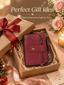 Women's RFID Blocking Small Wallet, Wine Red PU Leather Card Holder Purse With Snap Button, Zipper Coin Pocket & Wristlet - Red - View 9