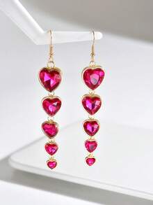 1pair Stylish Sweet Luxury Heart-Shaped Fringe Pendant Earrings With Colorful Rhinestone, Perfect For Women's Birthday Party Festival Wear - Heart Earrings - View 9