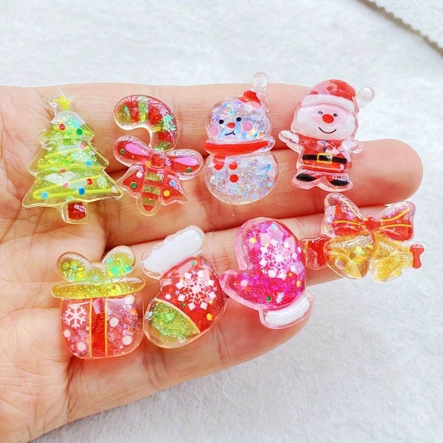 8/16pcs Cartoon Cute Shiny Resin Christmas Decoration Set - Cartoon Santa Claus, Snowman And More Patterns, Shiny Design - Suitable For DIY Crafts, Scrapbooking, Home Decor And Holiday Creative Projects, Random Assortment - Cartoon Christmas Assorted - View 1