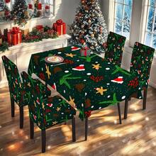1PC/4PCS/5PCS/6PCS/7PCS/30PCS Dark Green Christmas Hat Gingerbread Man Pine Cone Holly Red Berry Print Christmas Tablecloth Elastic Chair Cover Set, Washable Decorative Dining Tablecloth + Elastic Chair Cover, Suitable For Christmas Eve Dinner, Christmas Family Gathering, Holiday Banquet, Home Dining Room Tabletop Holiday Party Decoration - Dark Green - View 13