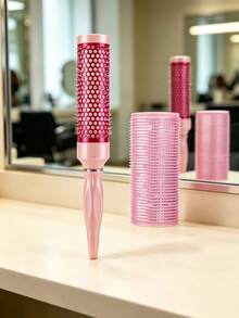 2pcs Curling Comb And Roller Set, Manual Hair Curler, Curling Comb, Aluminum Curling Rod, Non-Heat Curling, No Hair Damage, Effective Hair Care, Quick Styling, Suitable For Home Daily, Hair Salon, Beauty Parlor Use - Pink - View 1