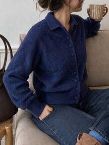 minisummer Women Elegant Fall Fuzzy Collared Knit Cardigan Long Sleeve, Fall Outfit For Women, Soft Plush Sweater Jacket For Daily Office - Navy Blue - View 9