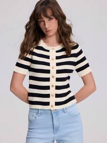 Round Neck Striped Short Sleeve Knit Cardigan Sweater Jacket - Multicolor - View 1