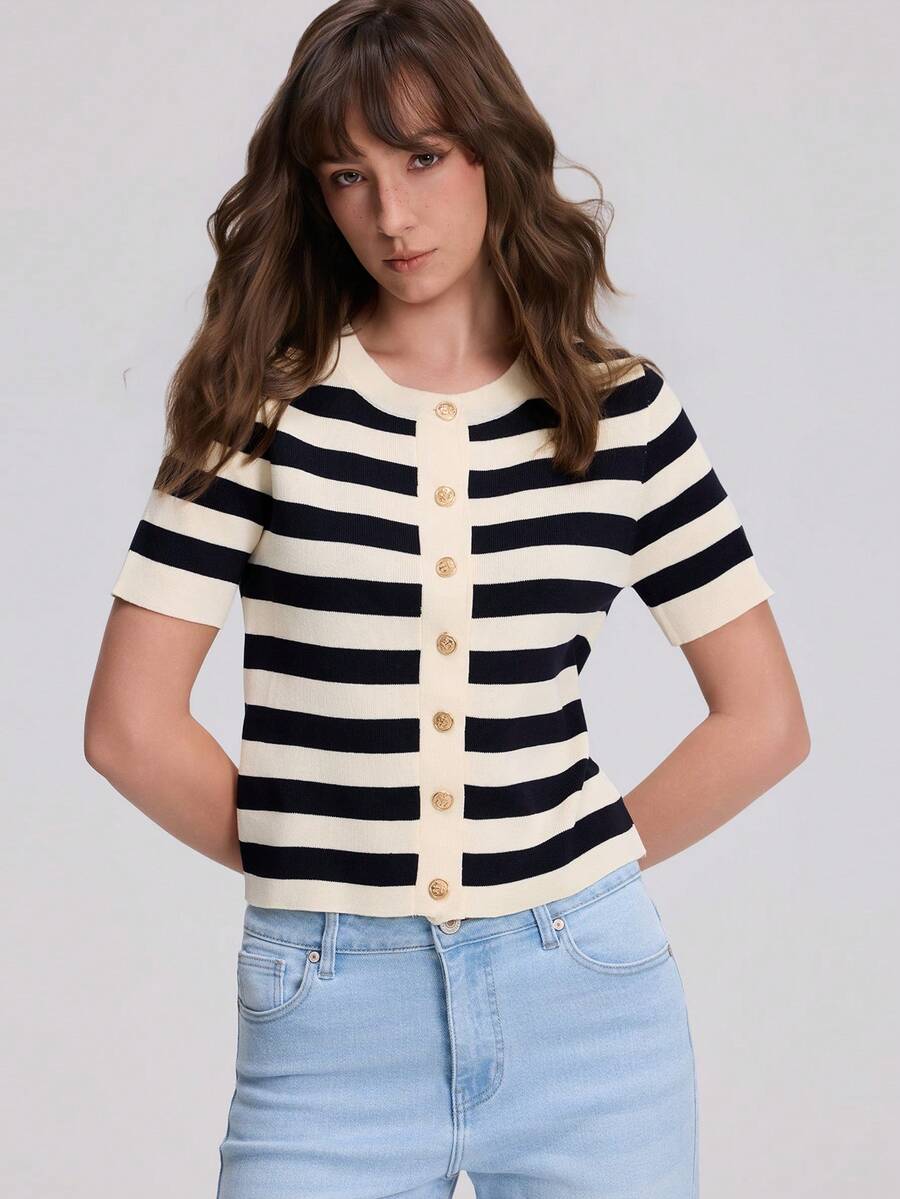 Round Neck Striped Short Sleeve Knit Cardigan Sweater Jacket - Multicolor - View 1