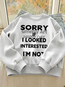 Sweatshirt Wanita Minimalis Gaya High Street dengan Cetakan Huruf Besar dan Frasa Pendek, Kerah Bulat, Cocok untuk Musim Gugur/Dingin, Serbaguna - putih abu-abu - View 4