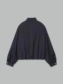 ACKCER Women's Autumn/Winter Vertical Striped Stand Collar Front Button Drop Shoulder Short Padded Coat - Navy Blue - View 7