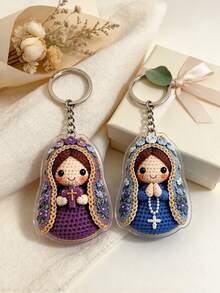 1pc 3D Keychain Pendant, Handmade Crochet Craft Acrylic Dust-Proof Encapsulated, Universal Accessory For Bags, Cars, Backpacks, Cartoon Virgin Mary Design With Floral Border And Cross Element, INS Style Creative Pendant, Personalized Backpack Decoration, Small Gift, Key Storage Wall, Home Decor, Bedroom Decoration - Multicolor - View 2