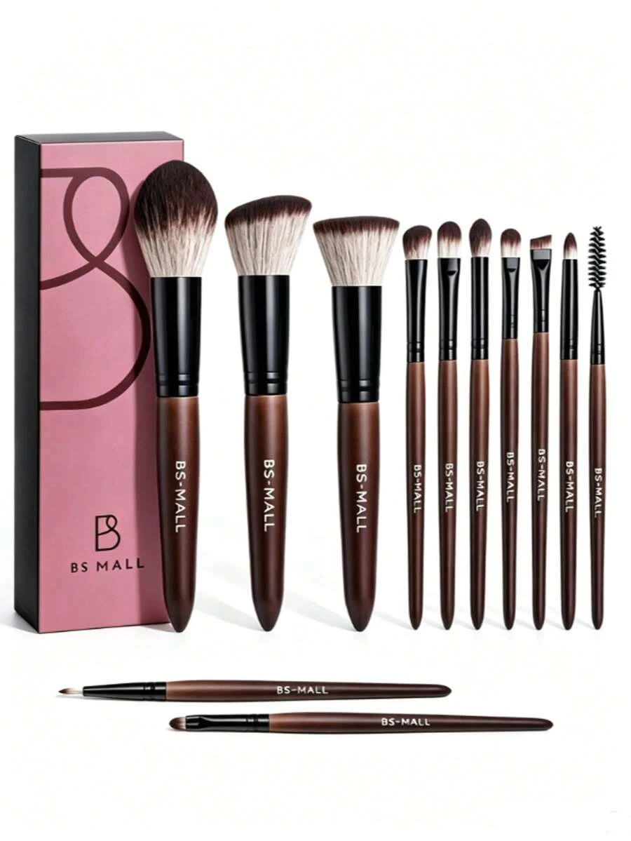 BS-MALL 12 Pcs Wooden Makeup Brush Set High Quality Set Vegan Synthetic Foundation Eyeshadow Brushes Set - Brown - View 1
