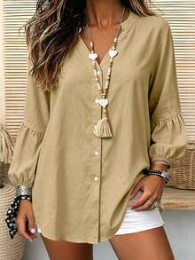 Blus Kasual Lengan Panjang Kancing Depan Ukuran Besar untuk Wanita, Model Longgar dengan Leher V - Mocha Brown - View 1