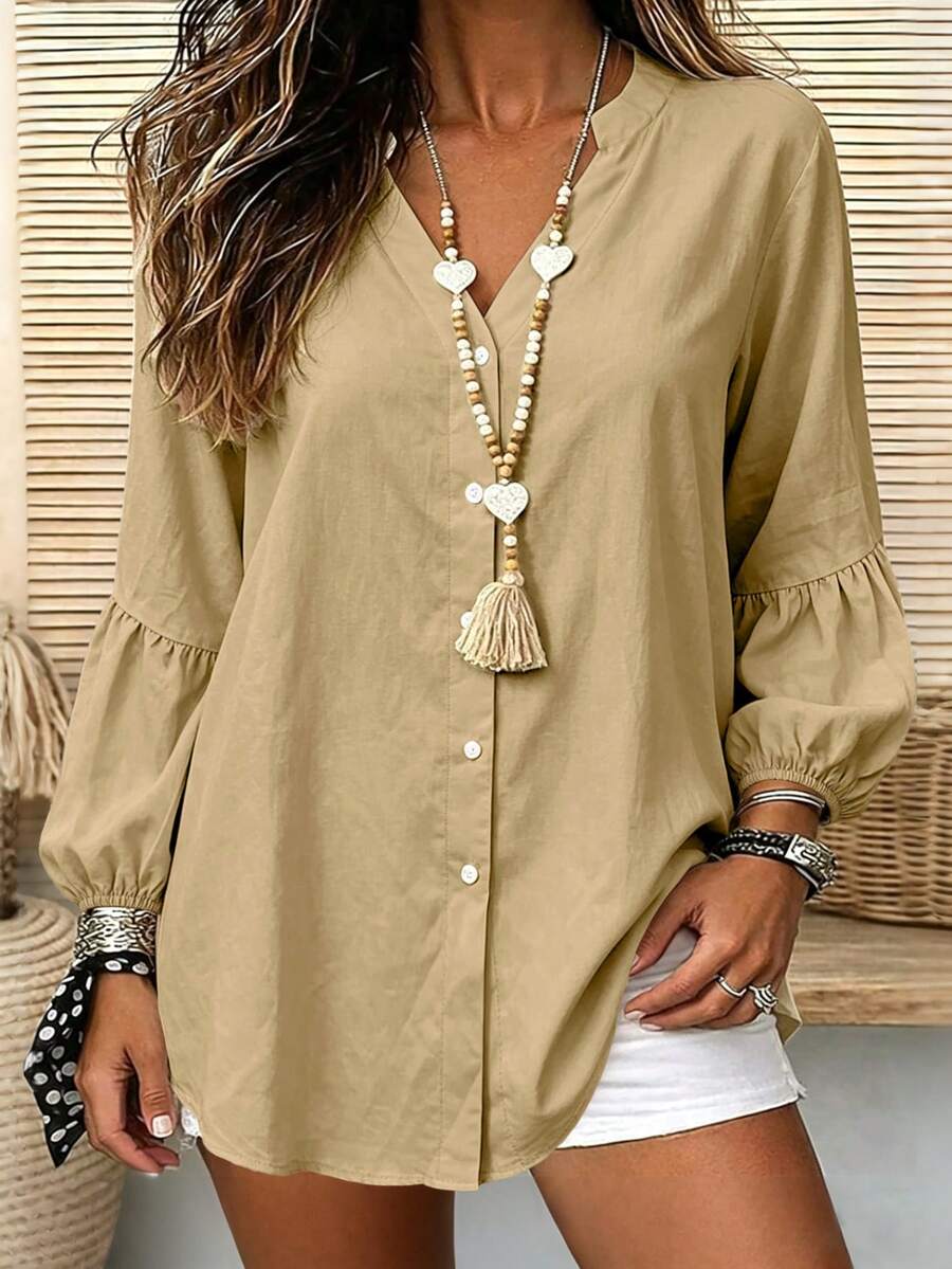Blus Kasual Lengan Panjang Kancing Depan Ukuran Besar untuk Wanita, Model Longgar dengan Leher V - Mocha Brown - View 1