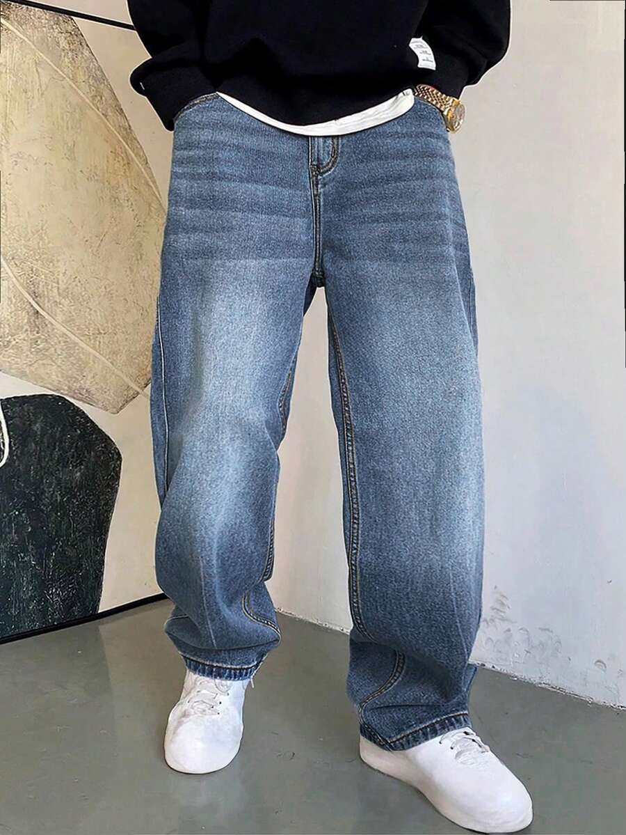 Hearty Haven 1pc Japanese Style Fresh Versatile Washed Casual Wide Leg Loose Straight Leg Denim Jeans For Men - Kindly Check Size Chart - Blue - View 1
