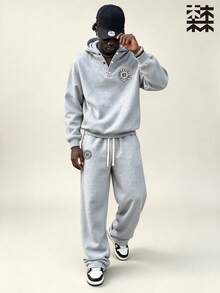 mulinsen Men's Hoodie Sweatshirt Set - Heavyweight Loose Drop Shoulder Top Paired With Draped Wide Leg Sweatpants, Casual 2 Pieces Set - Grey - View 3