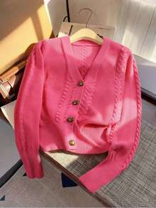 BYGOUBY Women's V-Neck Long Sleeve Cable Knit Cardigan, Solid Pink Front Button Short Knit Sweater, Autumn Casual Jacket - Pink - View 6