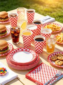 68 Piece Set, Red Grid Theme, 7-Inch Paper Tray, 9-Inch Paper Tray, Tissues, Paper Cups, Plates, Party Trays, Such As Anniversaries, Birthday Parties, Afternoon Tea, Weddings, Receptions, Parties, Picnics, Camping, Barbecues, Etc. - Multicolor - View 4