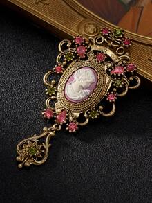 1pc Vintage Embossed Portrait Cameo Brooch, Distressed Gold Color Rhinestone Inlaid Palace Style Pendant Brooch Flower, Women's Coat & Dress Accessory - Multicolor - View 4