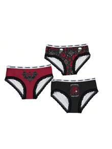 Dark Gothic Style 3-Pack Women's Triangle Shorts, Skull Rose Bat Pattern Letter Waistband Comfortable Underwear 3-Piece Set - Multicolor - View 4