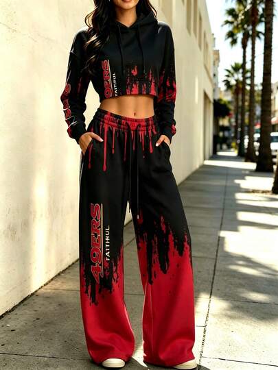 N-F-L San Fra-ncisco 49ers Women Cropped Hoodie & Wide Leg Pants Set, Drip Gradient Letter Print 2Pc Outfit, Soft Fabric For Game Day & Daily Wear