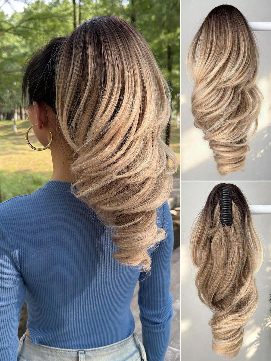 HEYPINK 20 Inch Gradient Color Natural Wavy Clip-In Ponytail Hair Extension, Soft Natural Look Heat-Resistant Synthetic Fiber Hair Piece, For Women Daily Wear