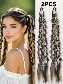 2PCS Mixed Black & Gold Thick Braided Ponytail Wigs In Assorted Styles, Synthetic Elastic Headband Long Braid Hair Accessories For Daily, Party And Festival Hairstyles - Multicolor - View 9