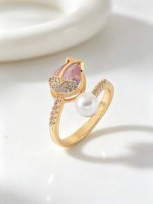 A Stylish Niche Tulip Pearl Teardrop Zirconia Design Women's Ring,Adjustable Open Luxury Ring For Daily Party Banquet Wear,As Gift For Friend/Family - Tulip - View 5